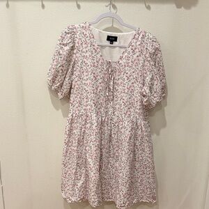 Spring Easter Babydoll cottage core pink Floral Puff Sleeve Dress with pockets